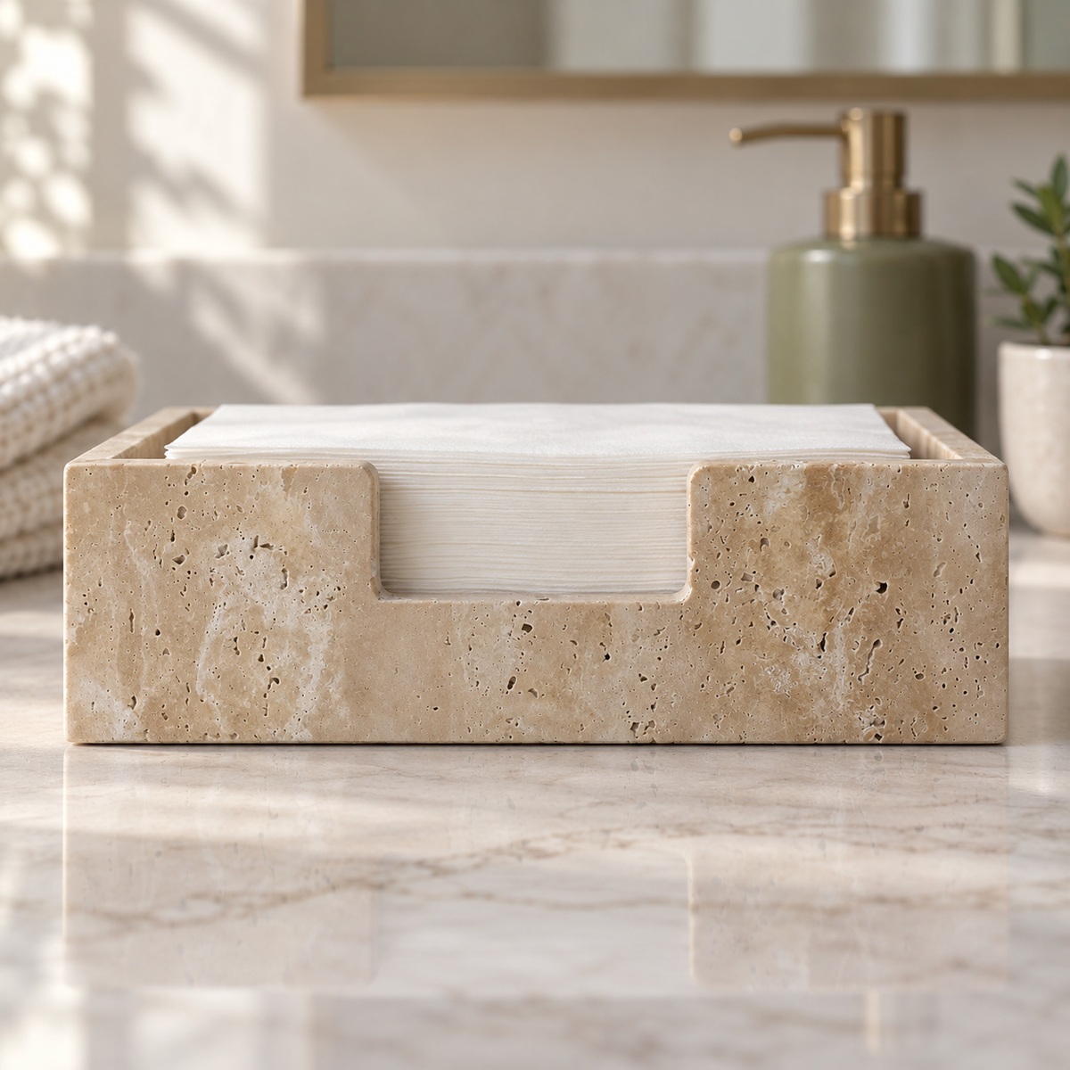 Straight front view of beige stone guest towel holder on a styled vanity; towels and accessories are props