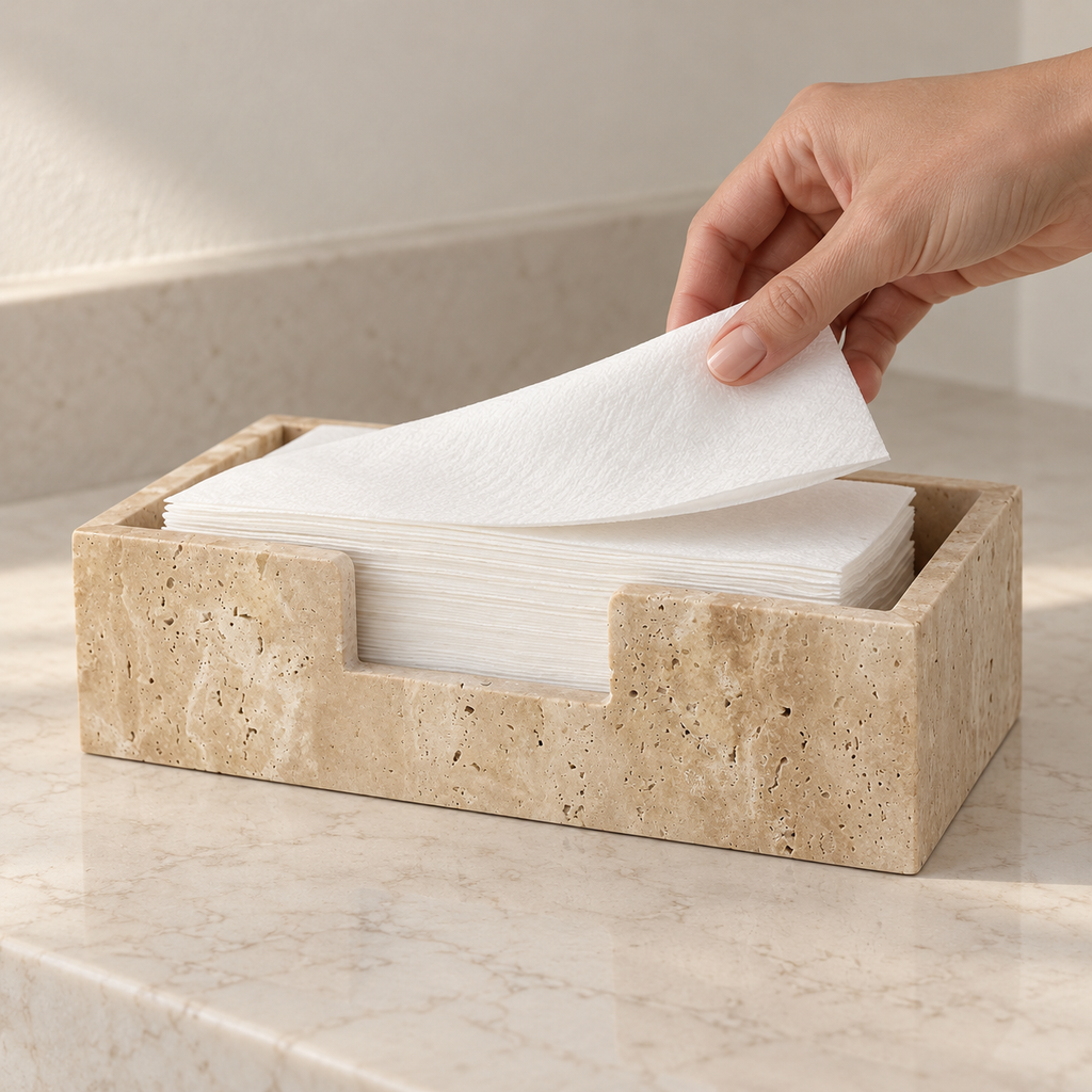Adult hand lifting a guest towel from beige stone holder; towels are styling props