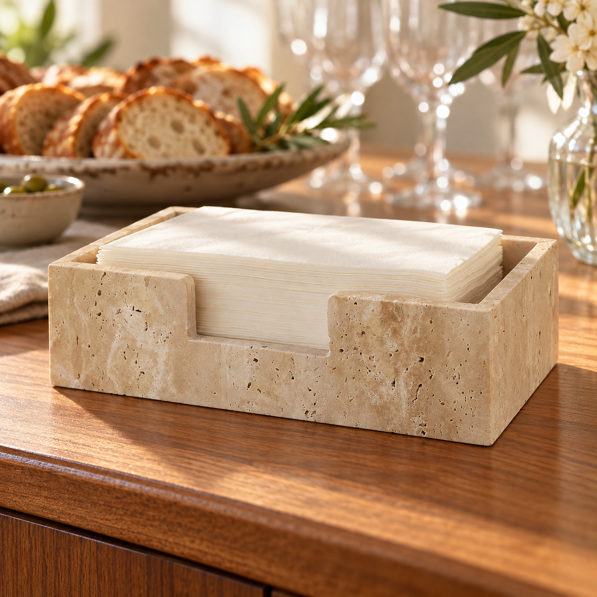 Beige stone guest towel holder on buffet sideboard; napkins and tableware are styling props