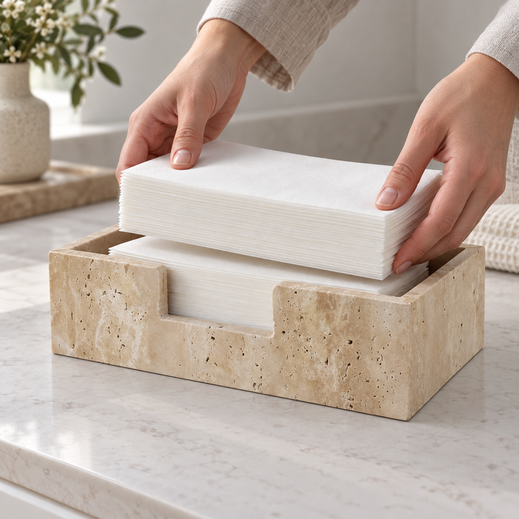 Adult hands restocking beige stone holder with styling-prop guest towels