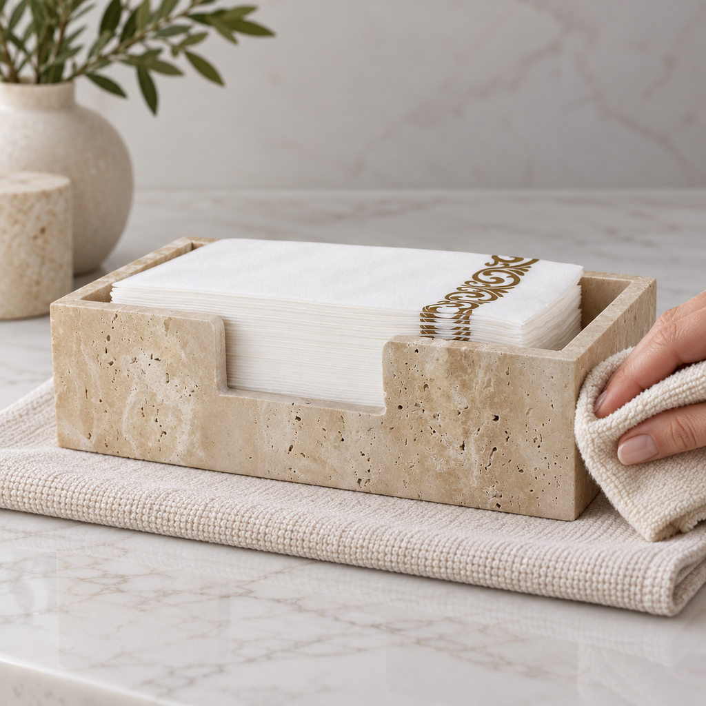 Adult hand wiping exterior corner of beige stone holder with a soft cloth; towels are styling props