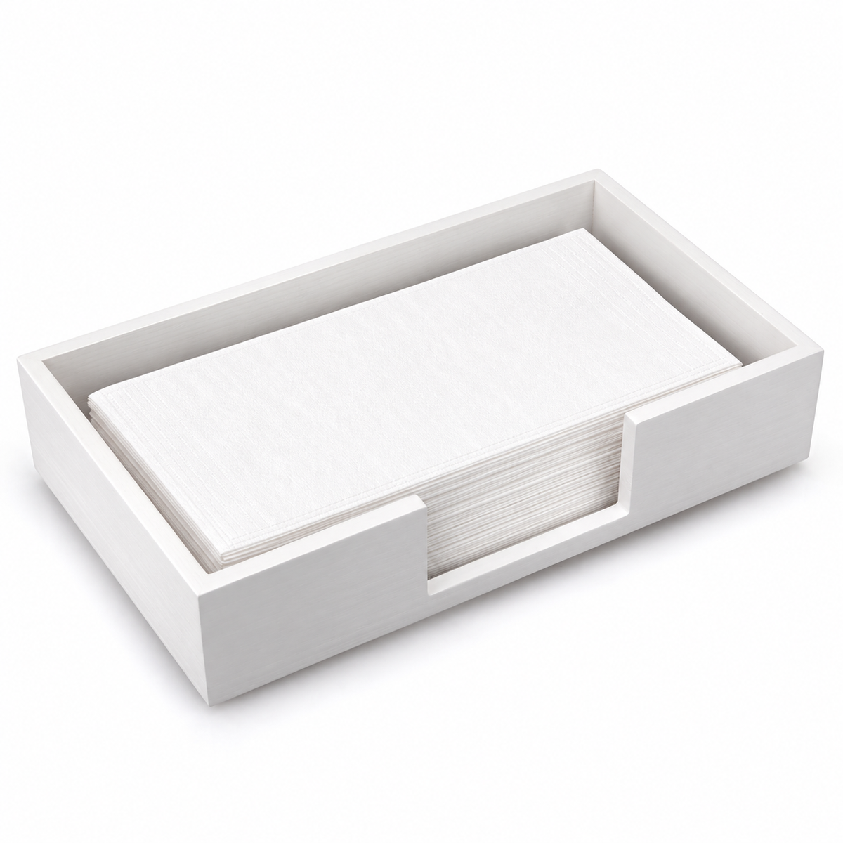 White wooden guest towel tray with white napkin styling props on a white background
