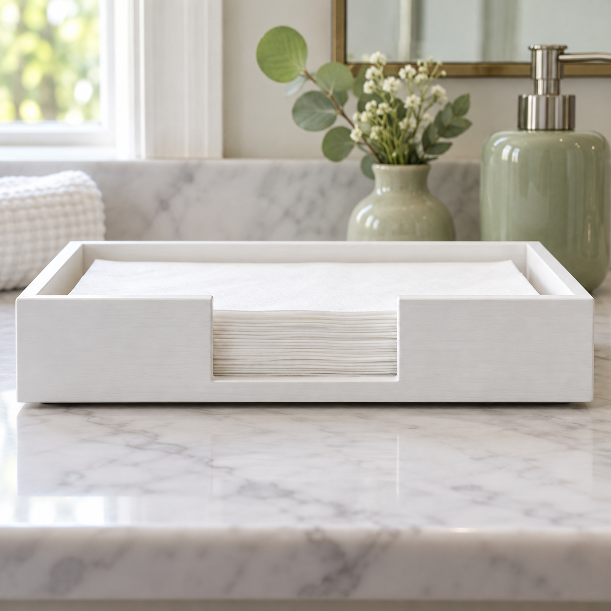 White wooden tray front opening on a styled dry vanity; towels and accessories are props