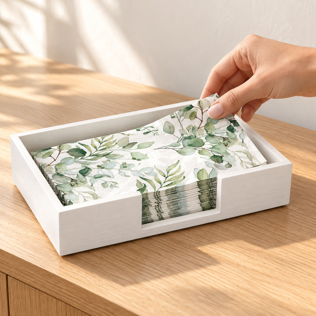 Adult hand lifting a guest towel from the white wooden tray; towels are styling props