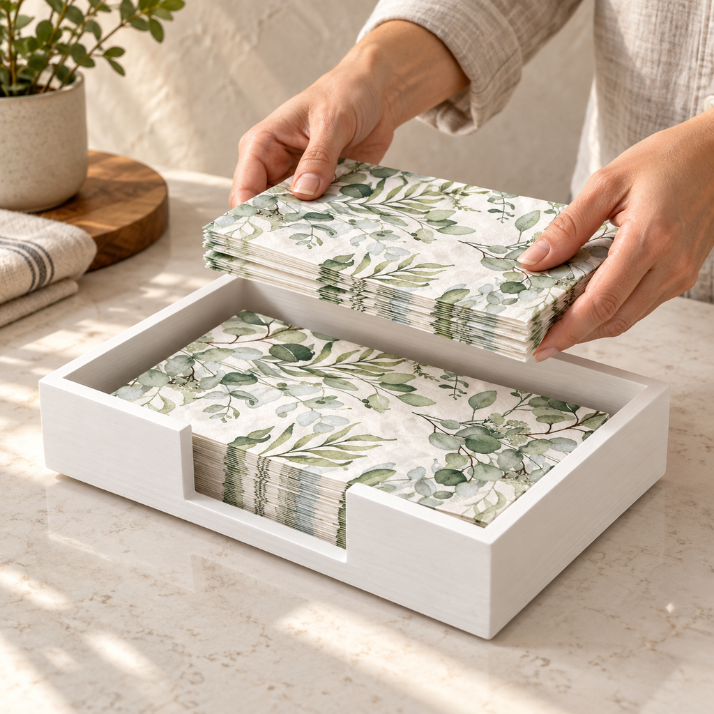 Adult hands restocking the white wooden tray with styling-prop guest towels