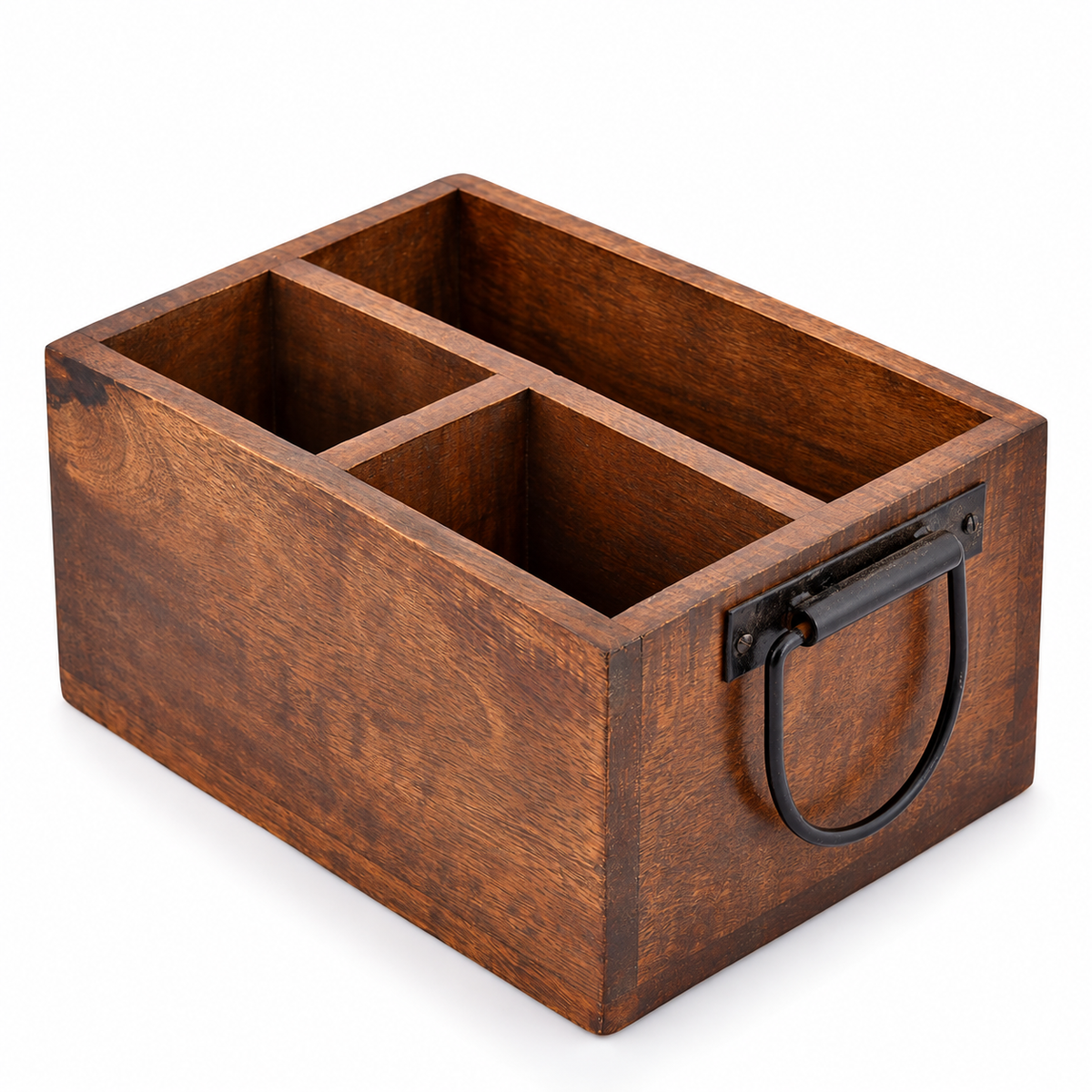 Empty dark brown three-compartment wooden caddy with visible black loop handle on white