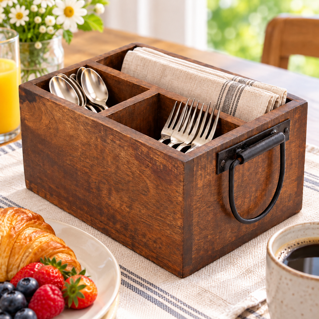 Three-compartment wooden caddy at breakfast with napkins and cutlery; styling props not included