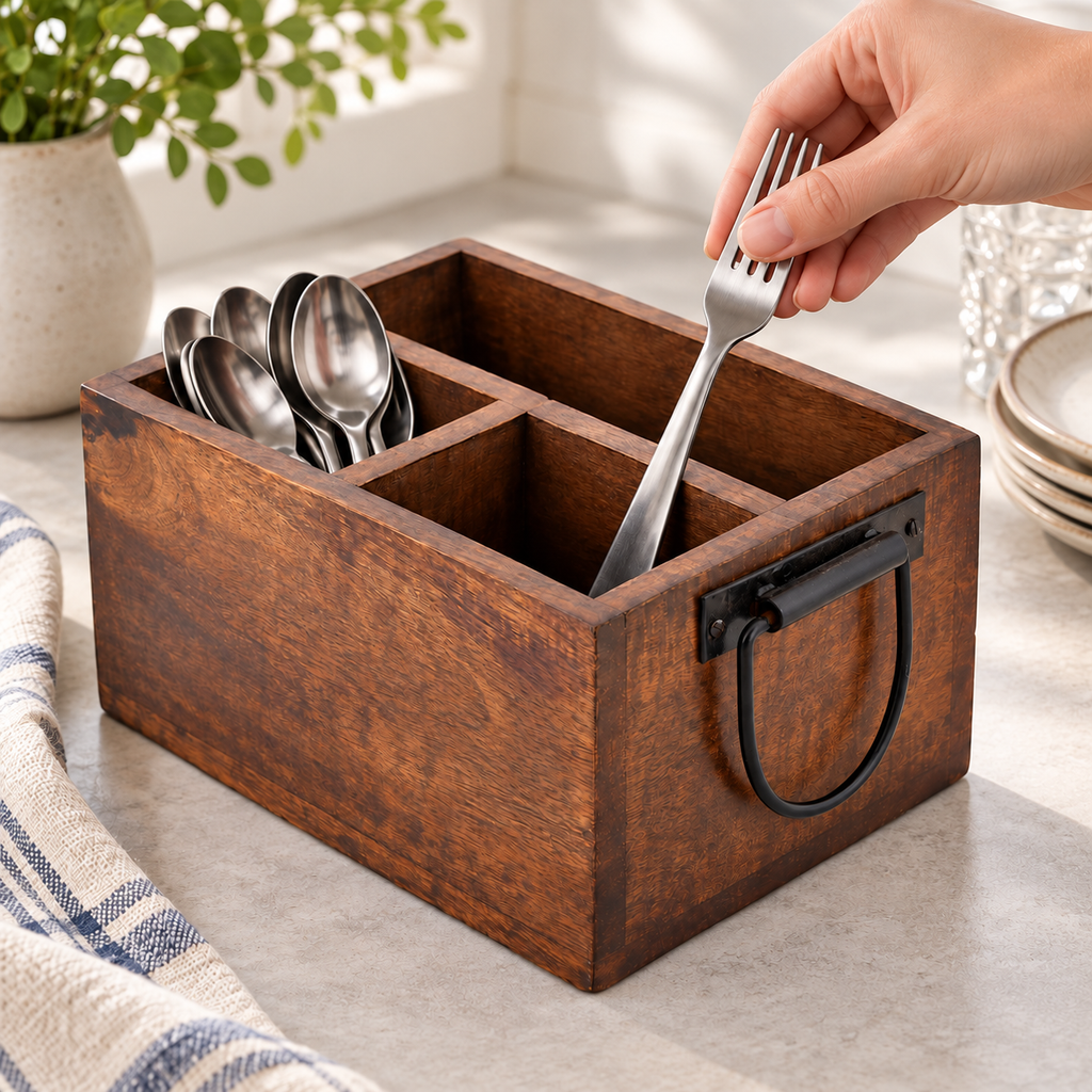 Hand sorting cutlery into a three-compartment wooden caddy; utensils not included