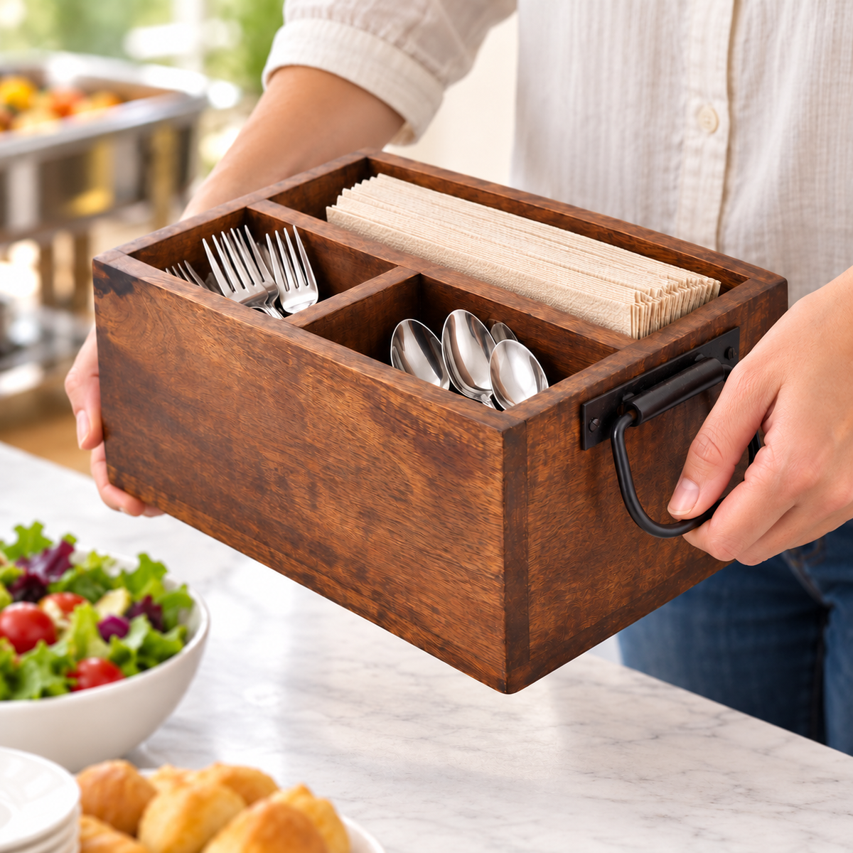 Wooden caddy carried with one hand on its loop handle and the other supporting its base; contents not included