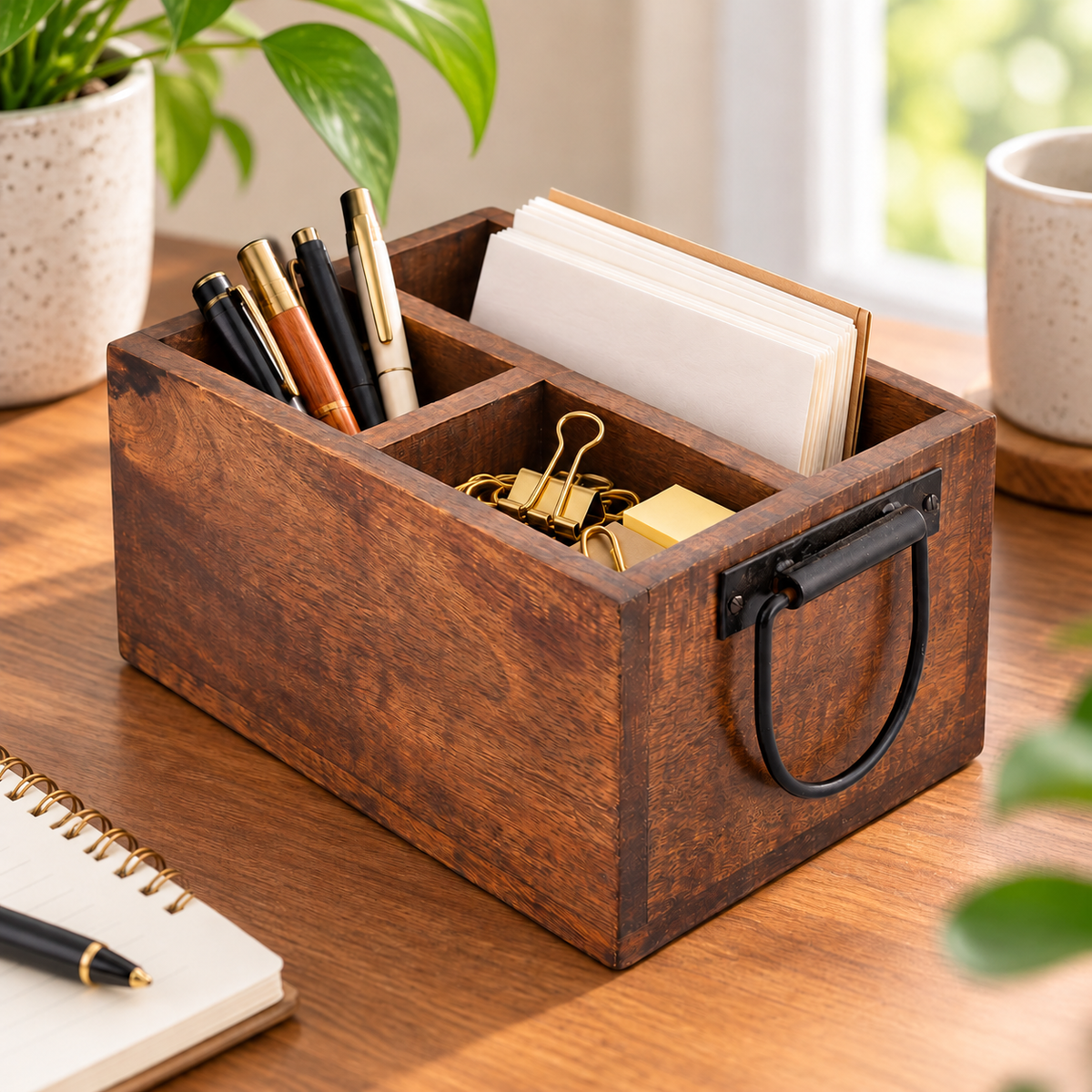 Three-compartment wooden caddy organizing stationery on a desk; contents not included