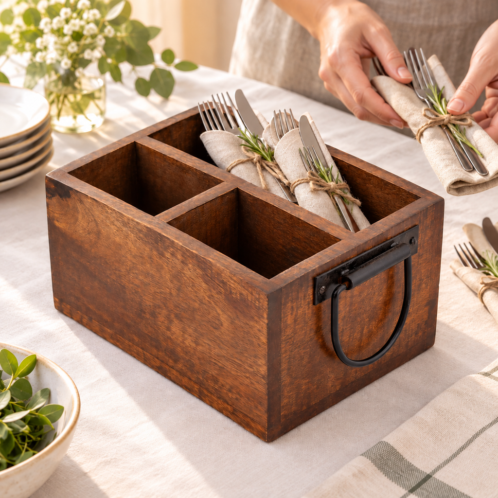 Wooden caddy with wrapped cutlery in its long compartment during table preparation; props not included