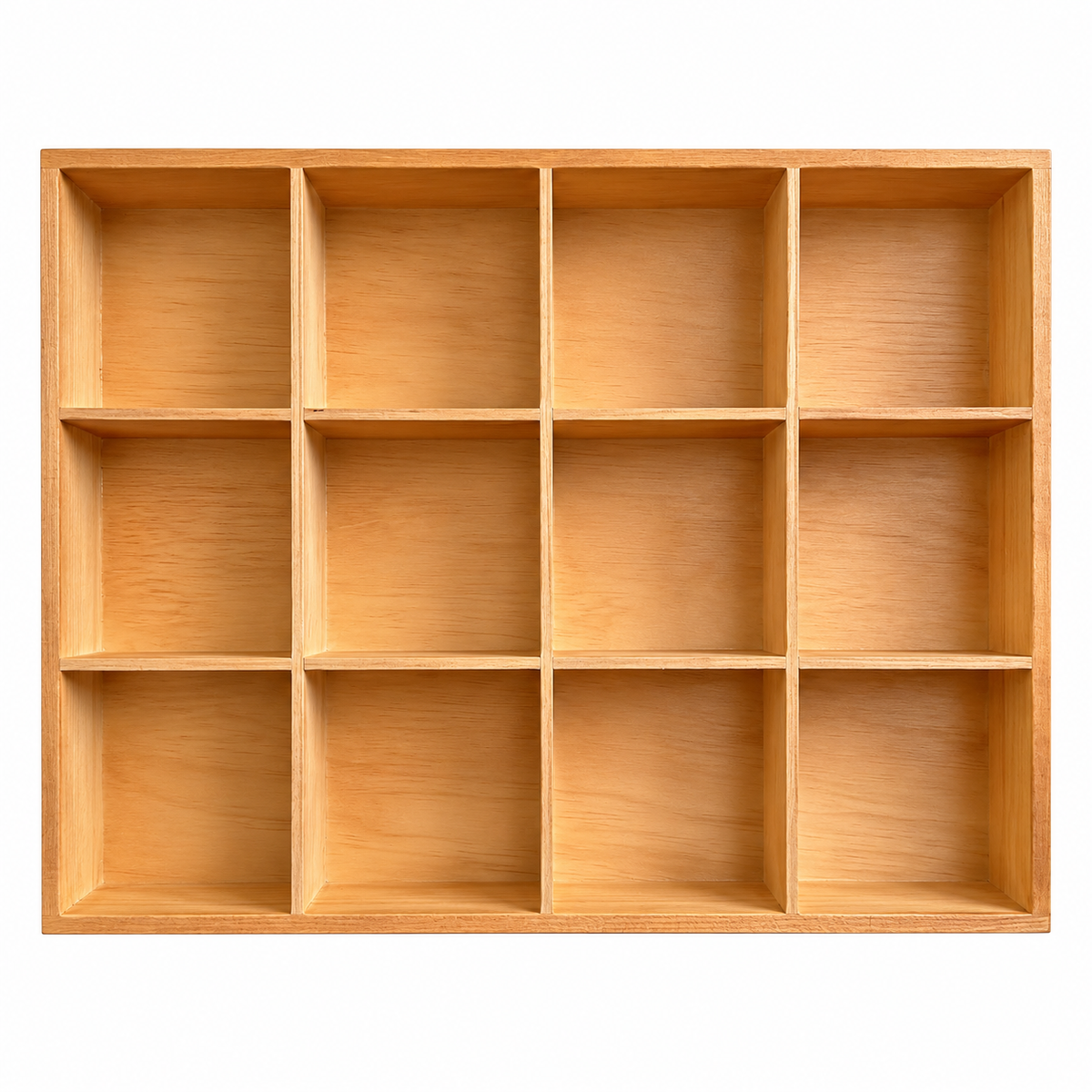 Empty natural wooden organizer with twelve compartments arranged four by three on white