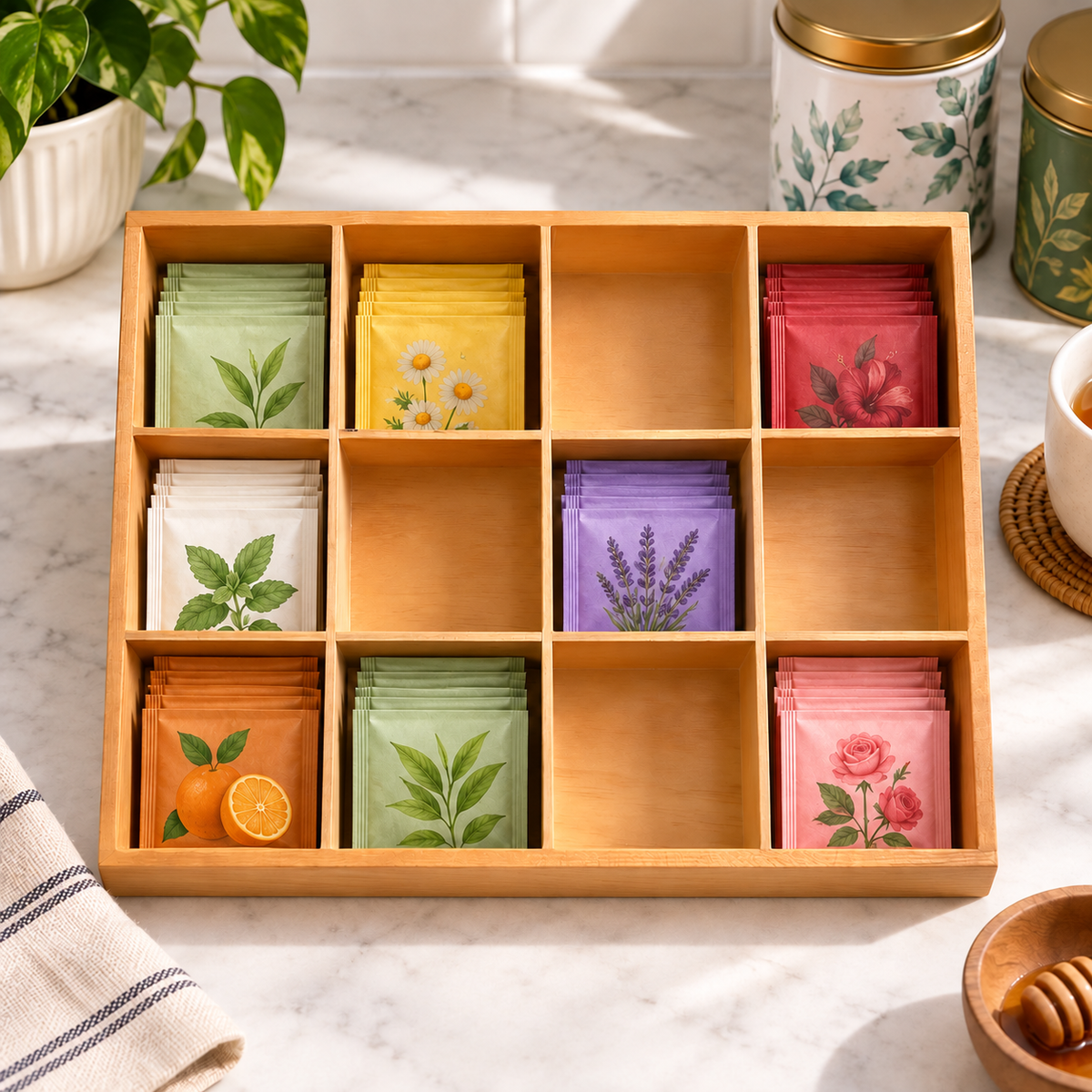 Twelve-compartment wooden tray organizing tea packets at a kitchen station; contents not included