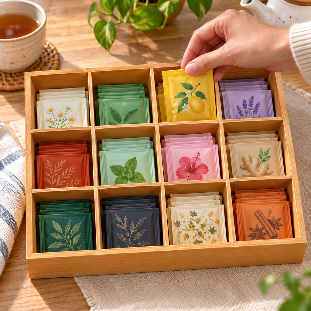 Hand sorting tea packets into a twelve-compartment wooden organizer; contents not included