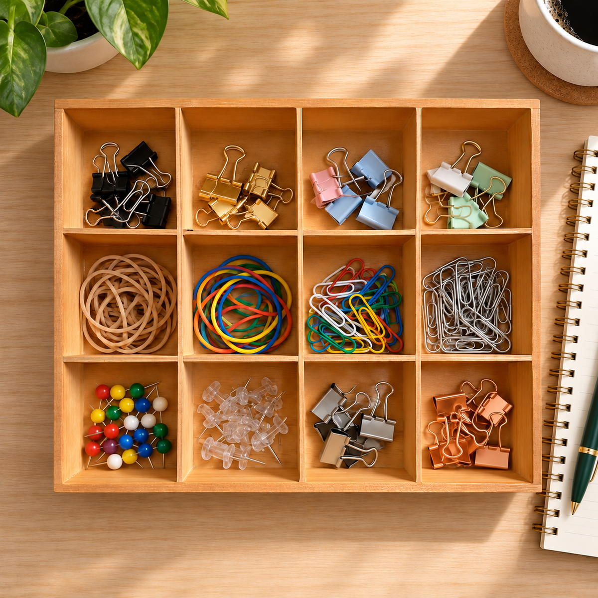 Twelve-compartment wooden tray with desk supplies sorted into individual cells; contents not included