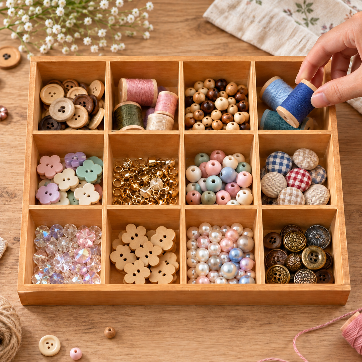 Hand choosing a thread spool from a wooden craft organizer; contents not included