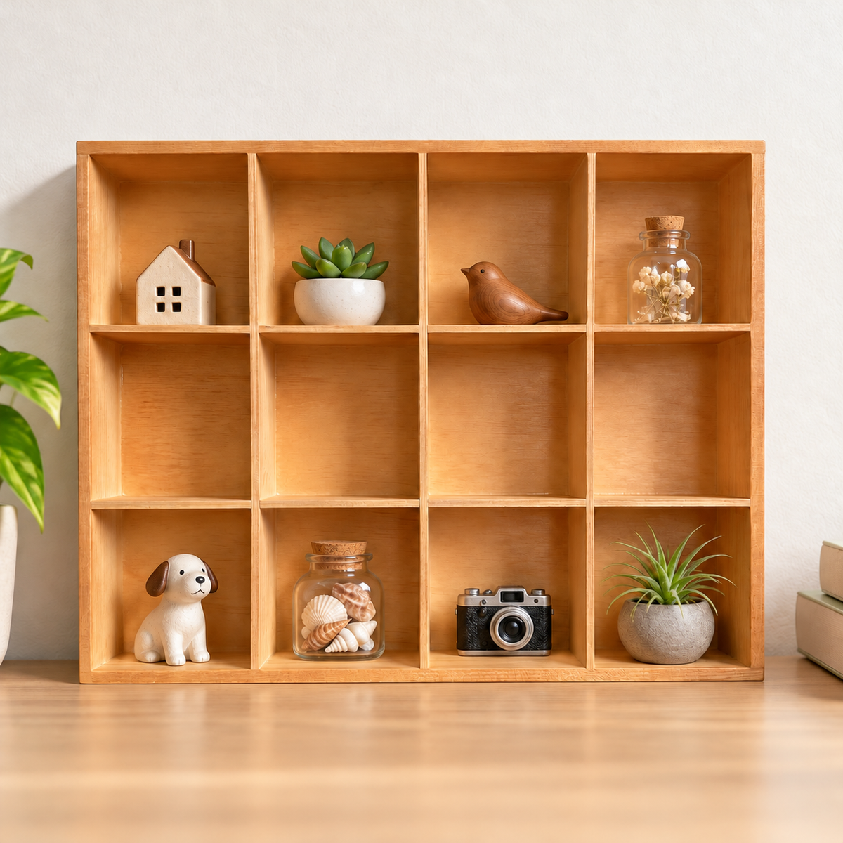 Twelve-compartment wooden organizer supported against a wall as a keepsake display; contents not included