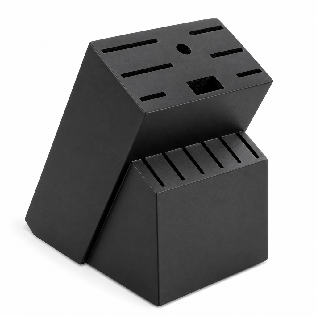 Empty black two-tier knife block showing fourteen openings on white