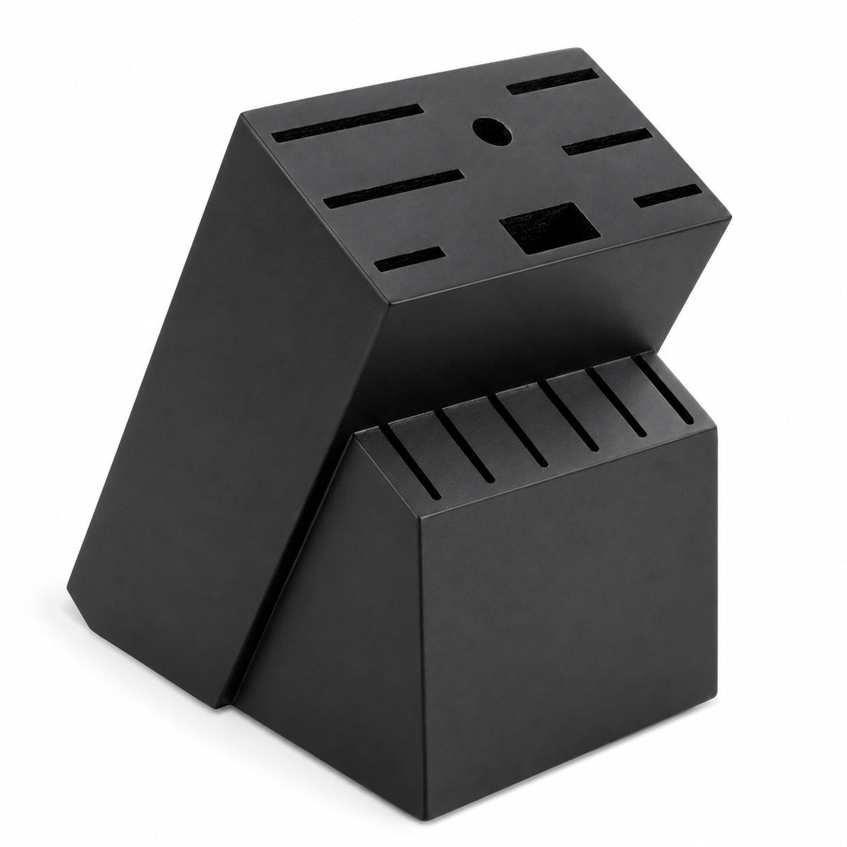 Empty black two-tier knife block showing fourteen openings on white