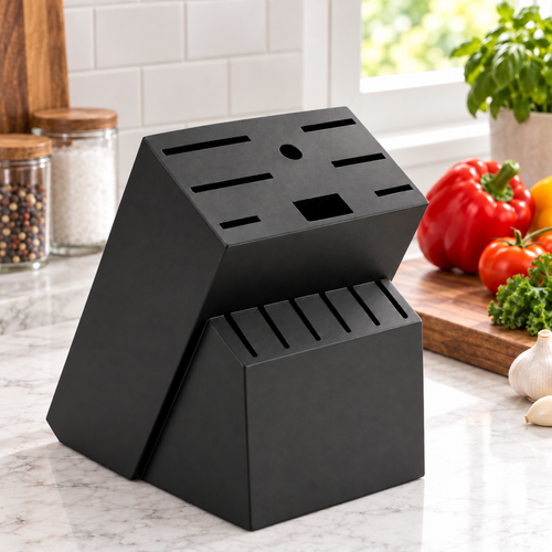 Empty black fourteen-slot knife block beside a kitchen cutting board; styling props not included
