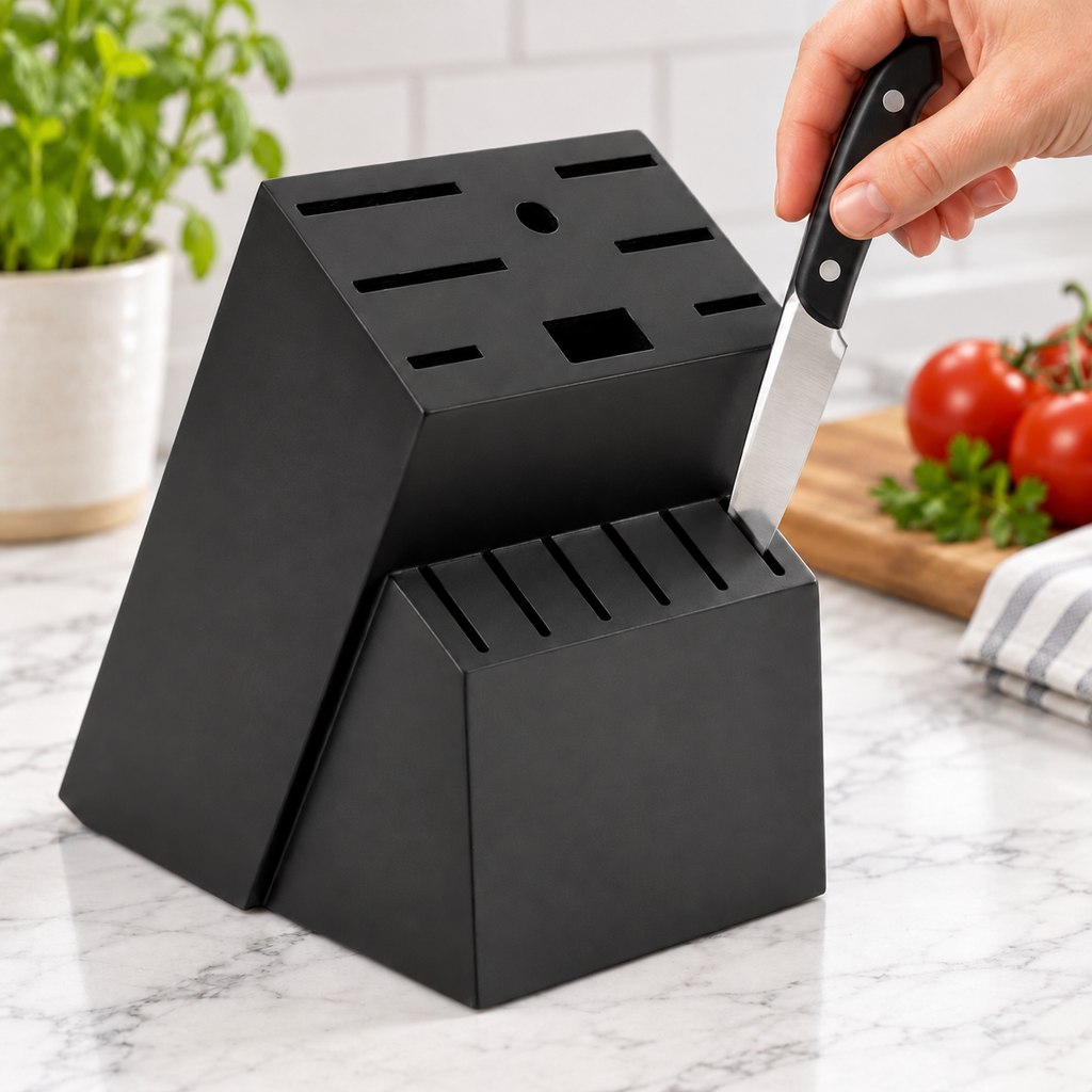 Hand inserting a small knife into an existing lower slot of the black knife block; knife not included