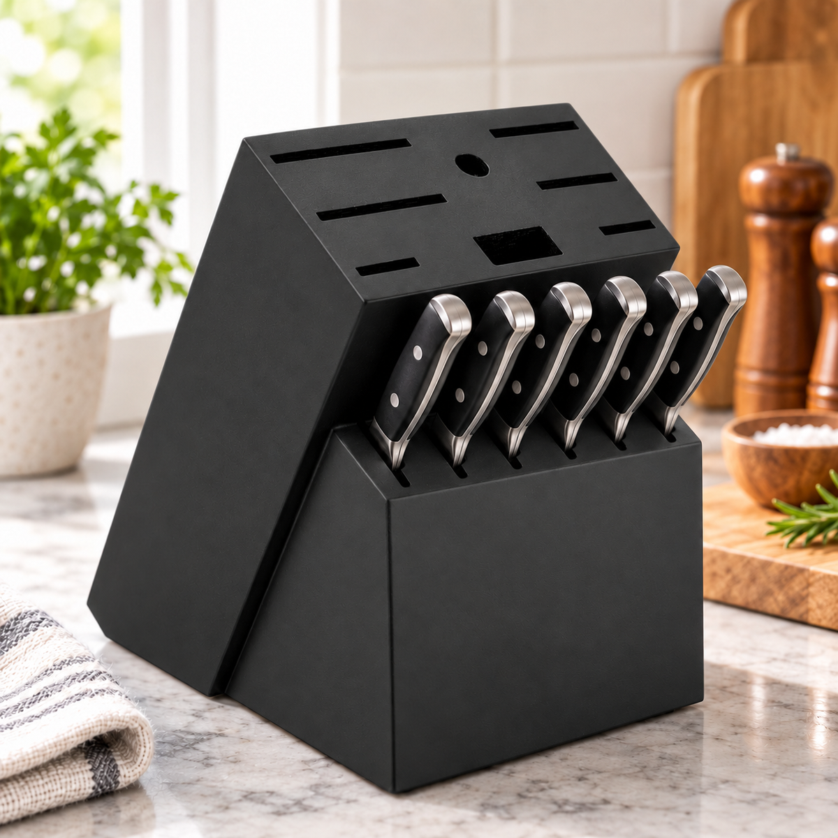 Black two-tier knife block with six steak knives in the lower slots; knives not included
