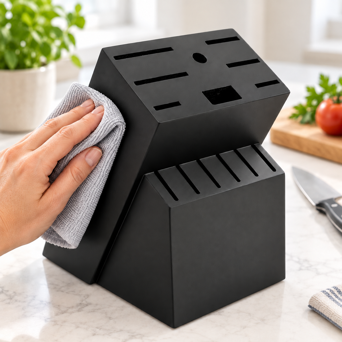 Hand wiping the visible outer side of the empty black knife block with a soft cloth; props not included