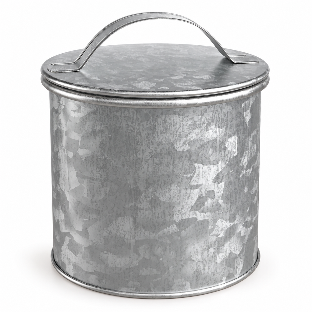 Closed galvanized metal canister with flat arched lid handle on a clean studio background.