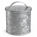 Closed galvanized metal canister with flat arched lid handle on a clean studio background.