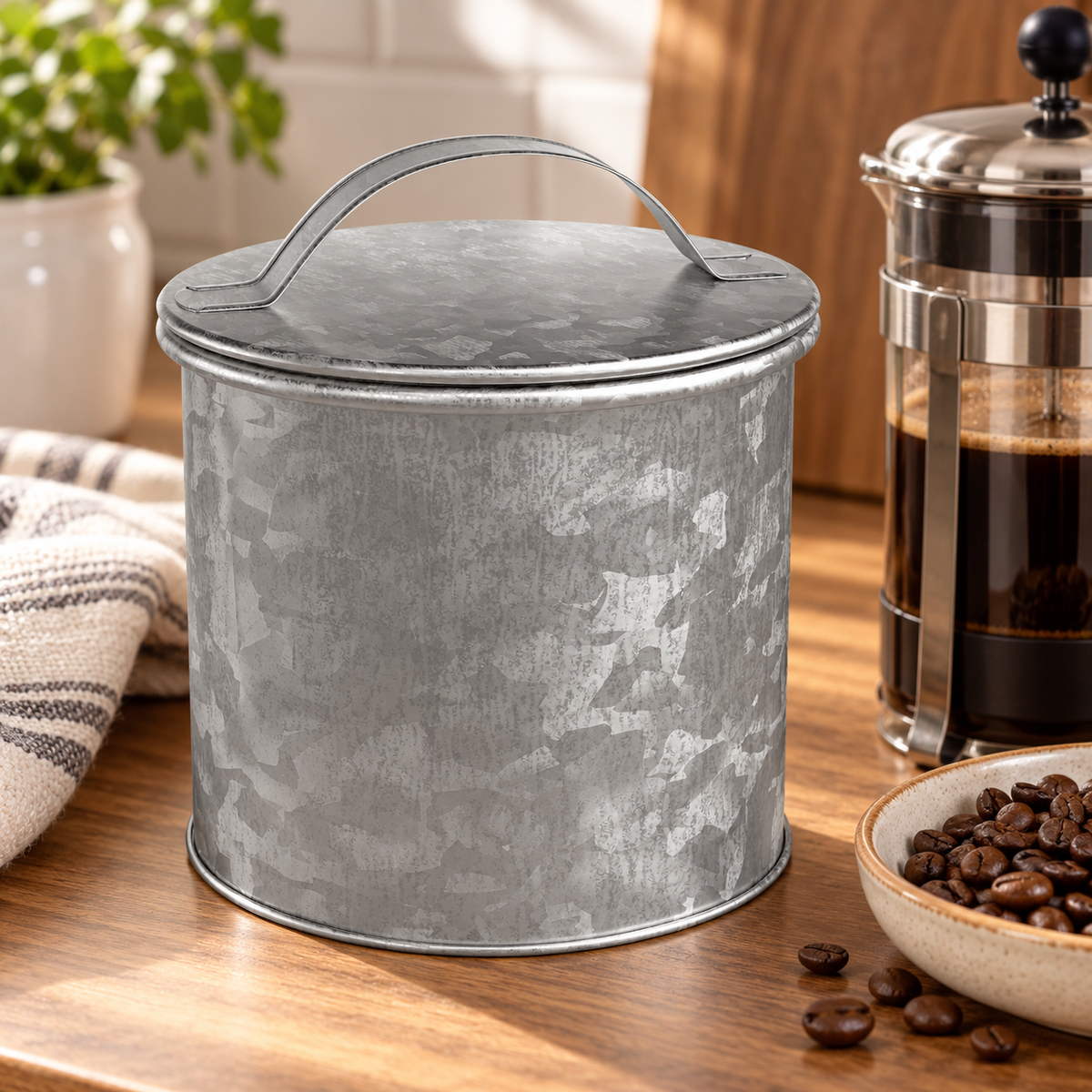 Closed galvanized canister beside coffee-making accessories. Coffee, utensils and decor are styling props, not included.