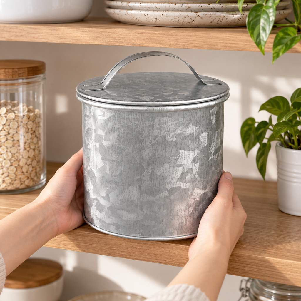 Hands placing the closed galvanized canister on an open kitchen shelf. Other kitchen items are styling props, not included.