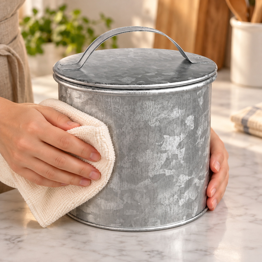 A hand gently wiping the outside of the closed galvanized canister with a dry cloth. Cloth and decor are styling props, not included.