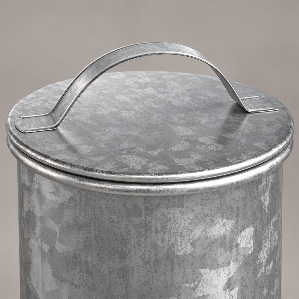 Independent close view of the closed galvanized lid, flat arched handle and rolled rim.