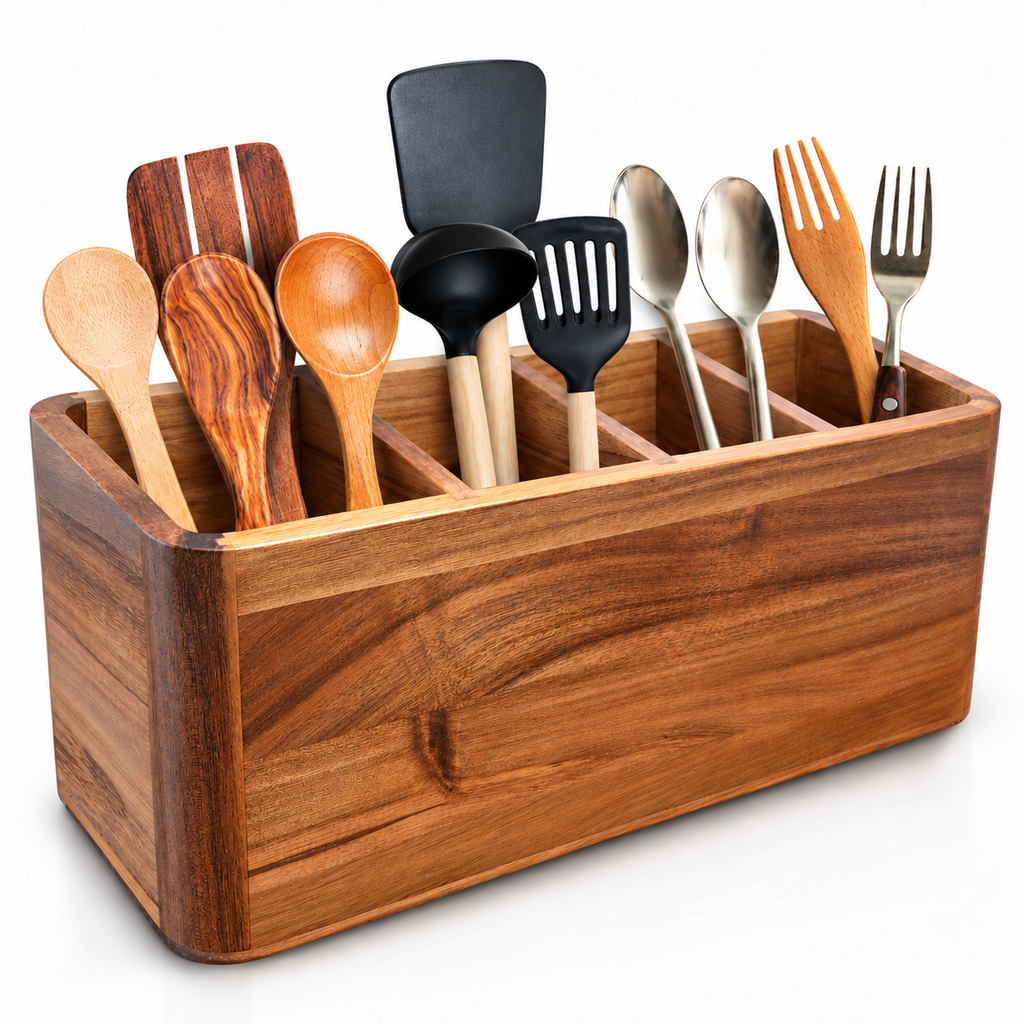 Warm brown four-compartment wooden utensil holder in a single-row layout on white; utensils not included