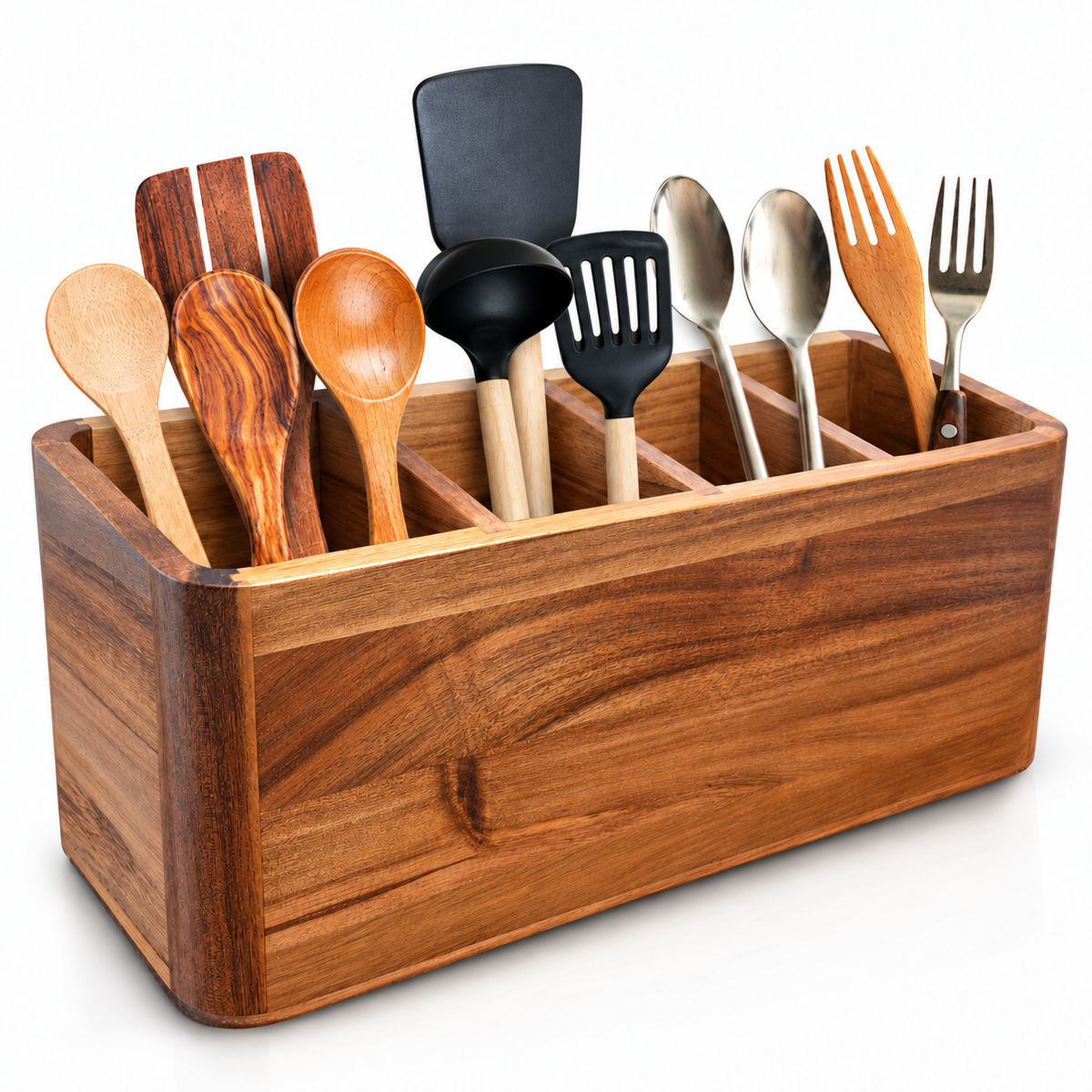 Warm brown four-compartment wooden utensil holder in a single-row layout on white; utensils not included