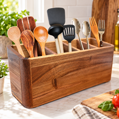 Four-compartment wooden holder organizing cooking utensils by a cutting board; utensils not included