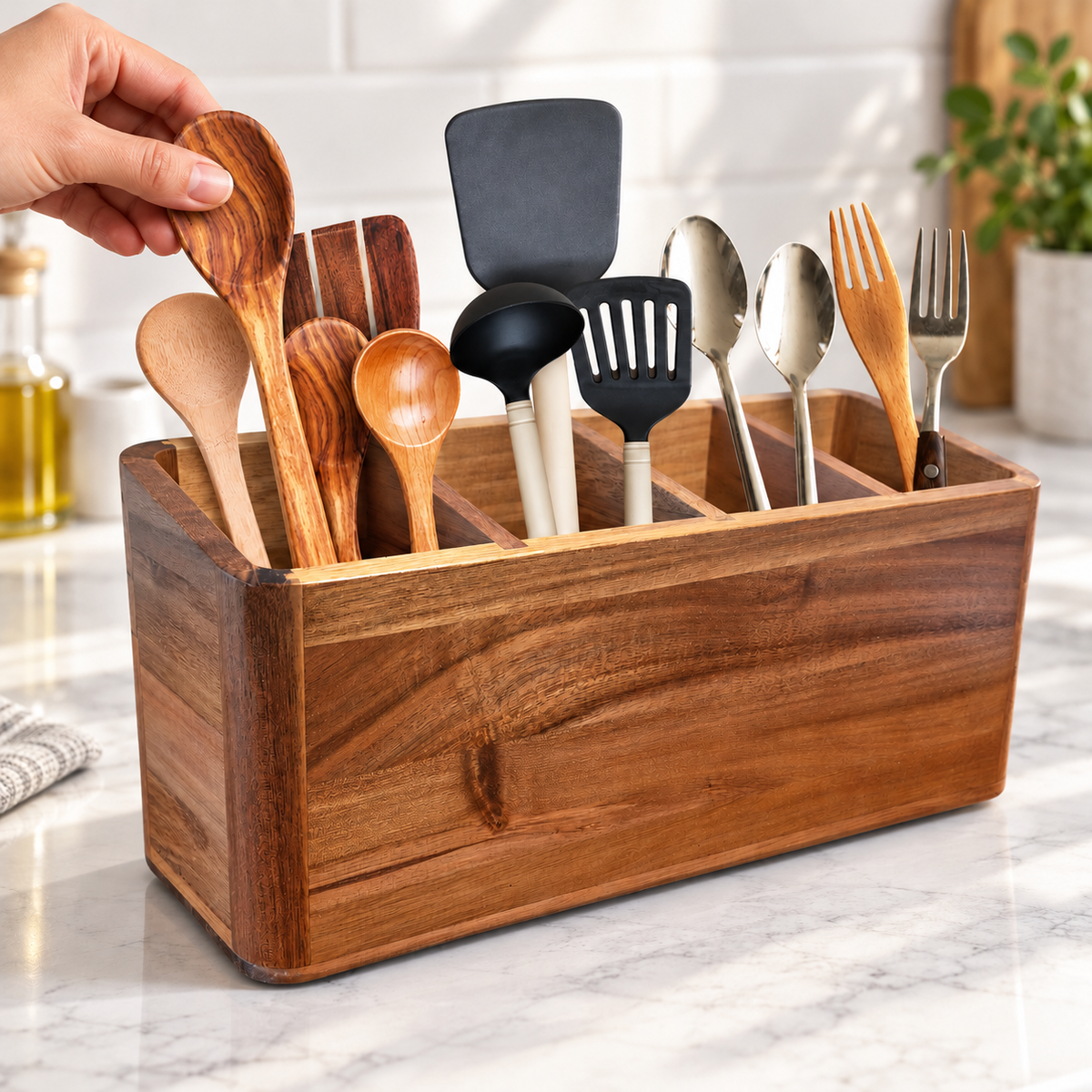 Hand selecting a wooden spoon from a four-compartment utensil holder; utensils not included
