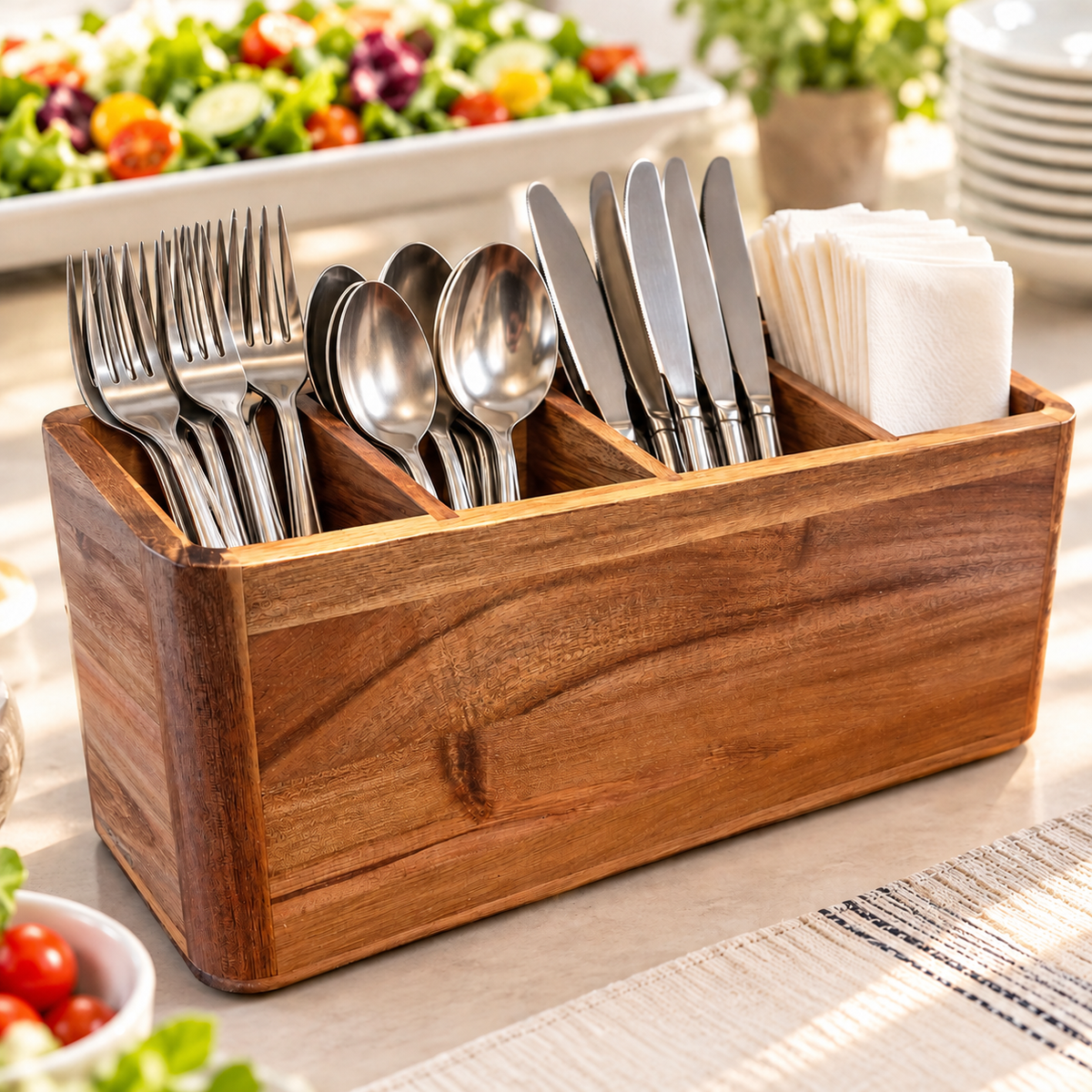 Four-compartment wooden holder sorting buffet cutlery and napkins; contents not included