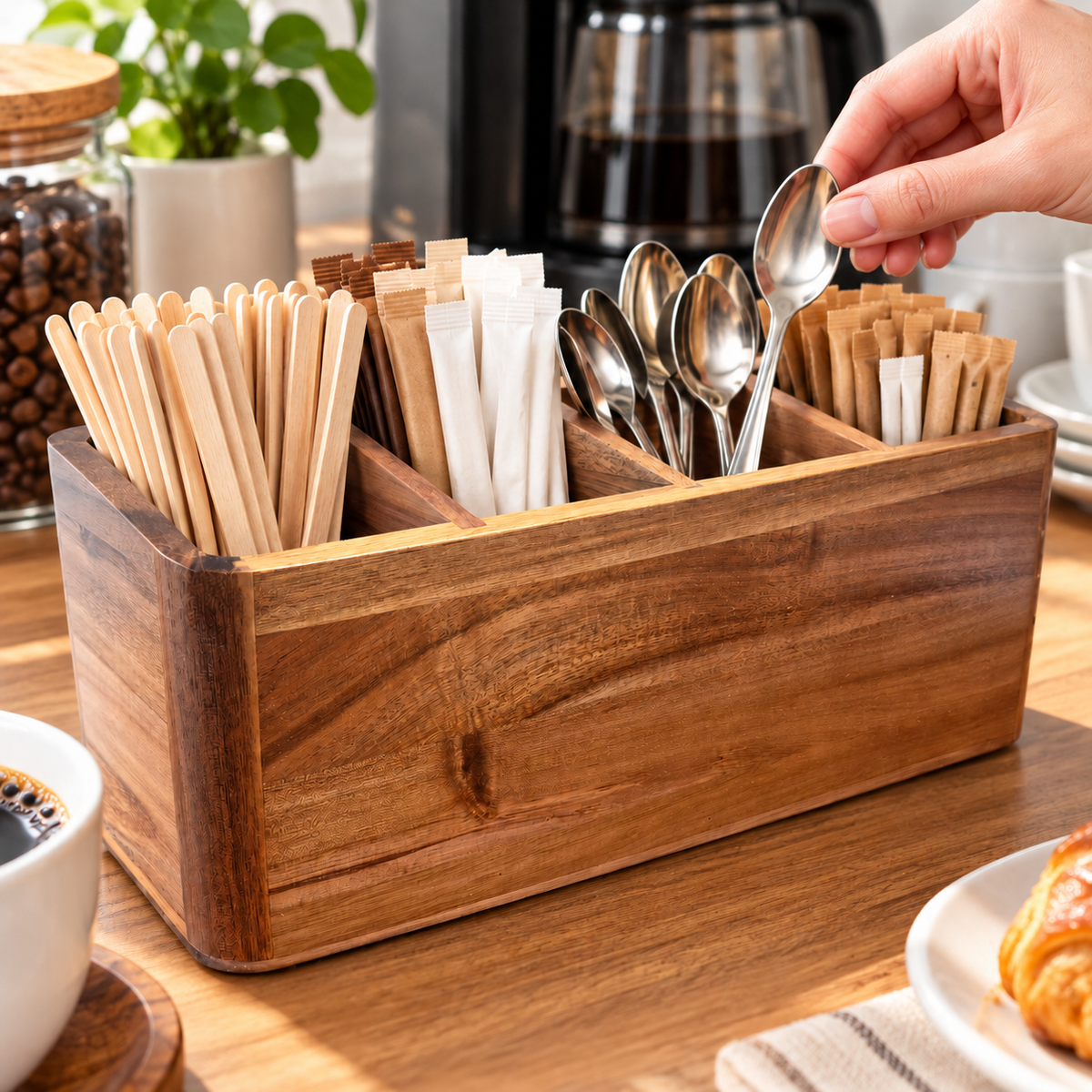 Four-compartment wooden holder used at a coffee station for stirrers sachets and spoons; contents not included