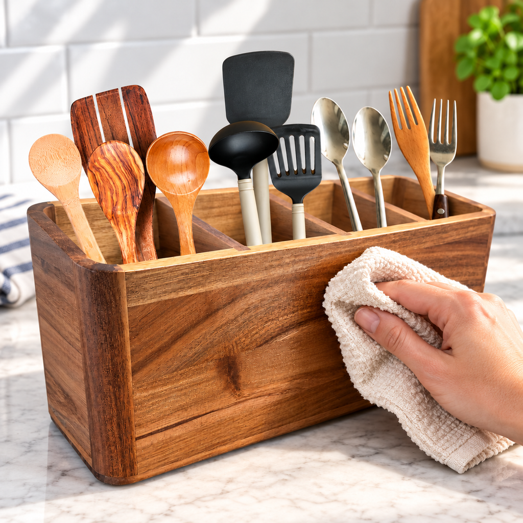Hand wiping the front of a four-compartment wooden utensil holder; utensils and cloth not included