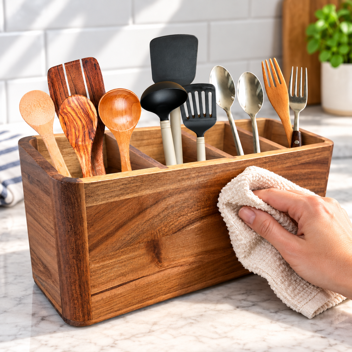Hand wiping the front of a four-compartment wooden utensil holder; utensils and cloth not included