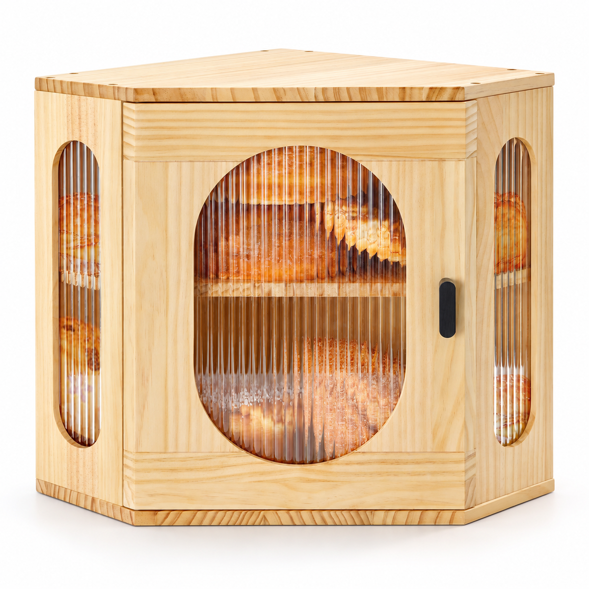 Generated product illustration: corner bread box arched window; closed exterior on a white background.