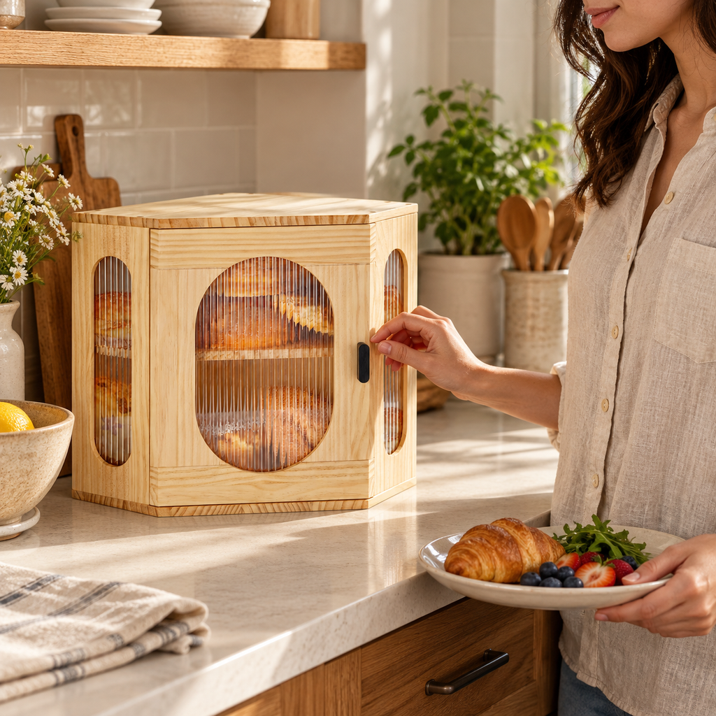 Generated product illustration: corner bread box arched window; closed cabinet beside a person preparing breakfast.