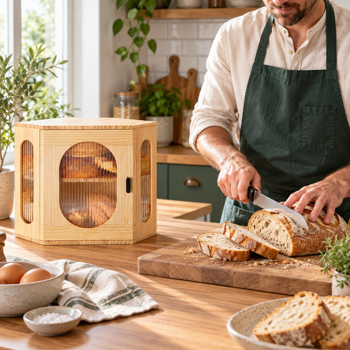 Generated product illustration: corner bread box arched window; closed cabinet in a bread preparation setting.
