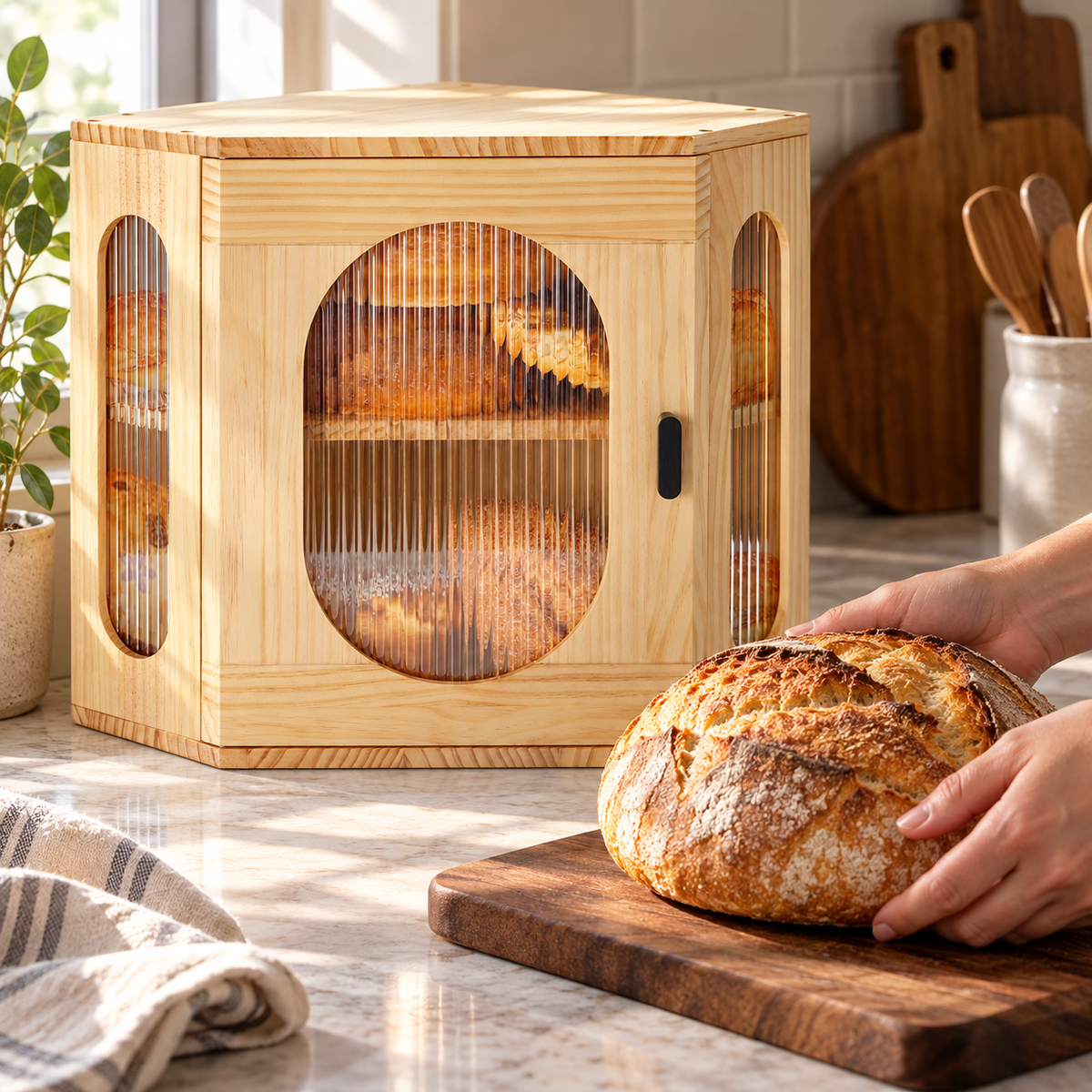Generated product illustration: corner bread box arched window; closed cabinet beside hands placing a loaf on a separate board.