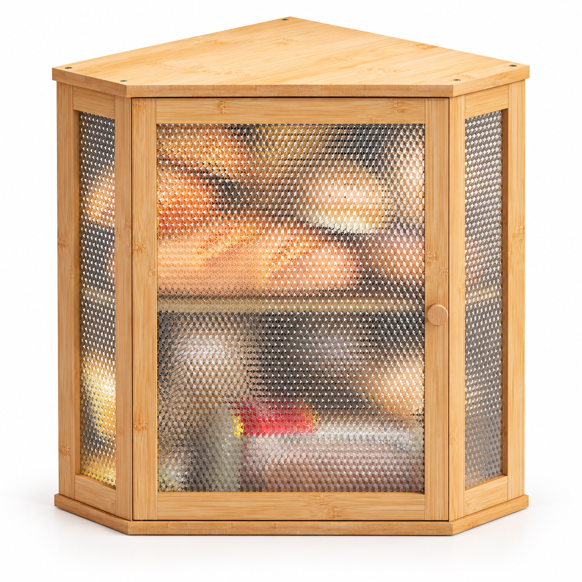 Generated product illustration: corner bread box double layer natural; closed exterior on a white background.