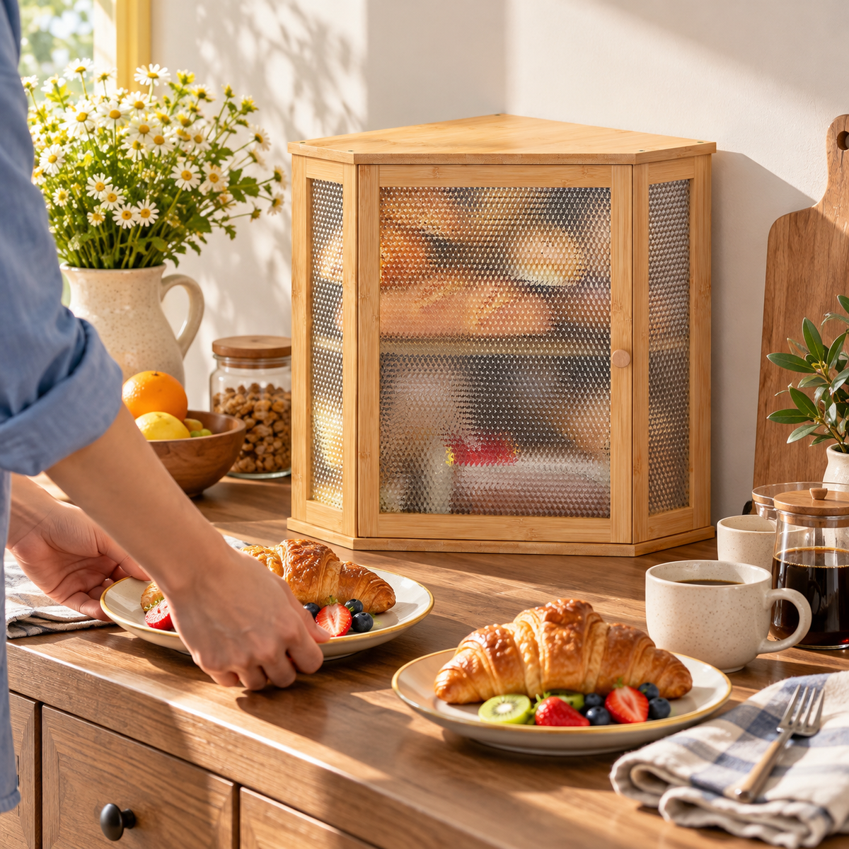 Generated product illustration: corner bread box double layer natural; closed cabinet at a breakfast sideboard.
