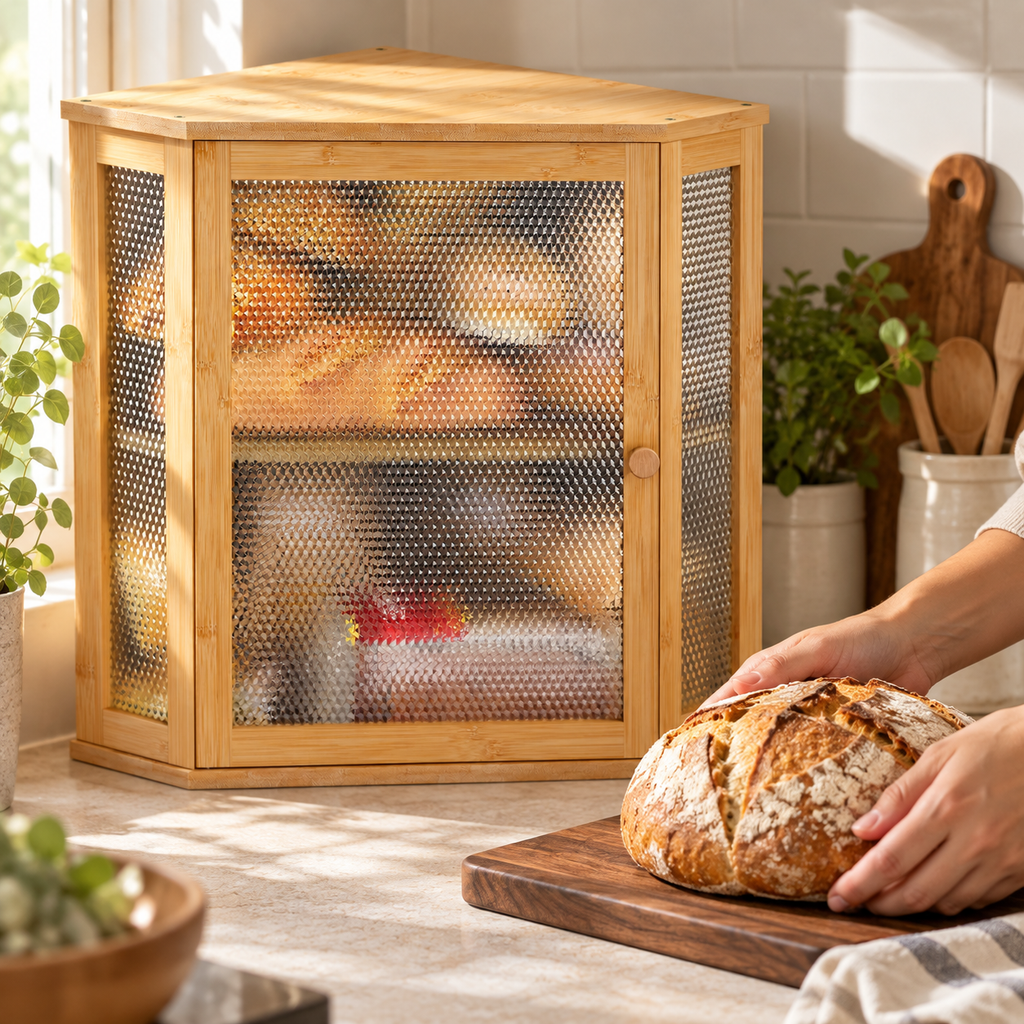 Generated product illustration: corner bread box double layer natural; closed cabinet beside hands placing a loaf on a separate board.