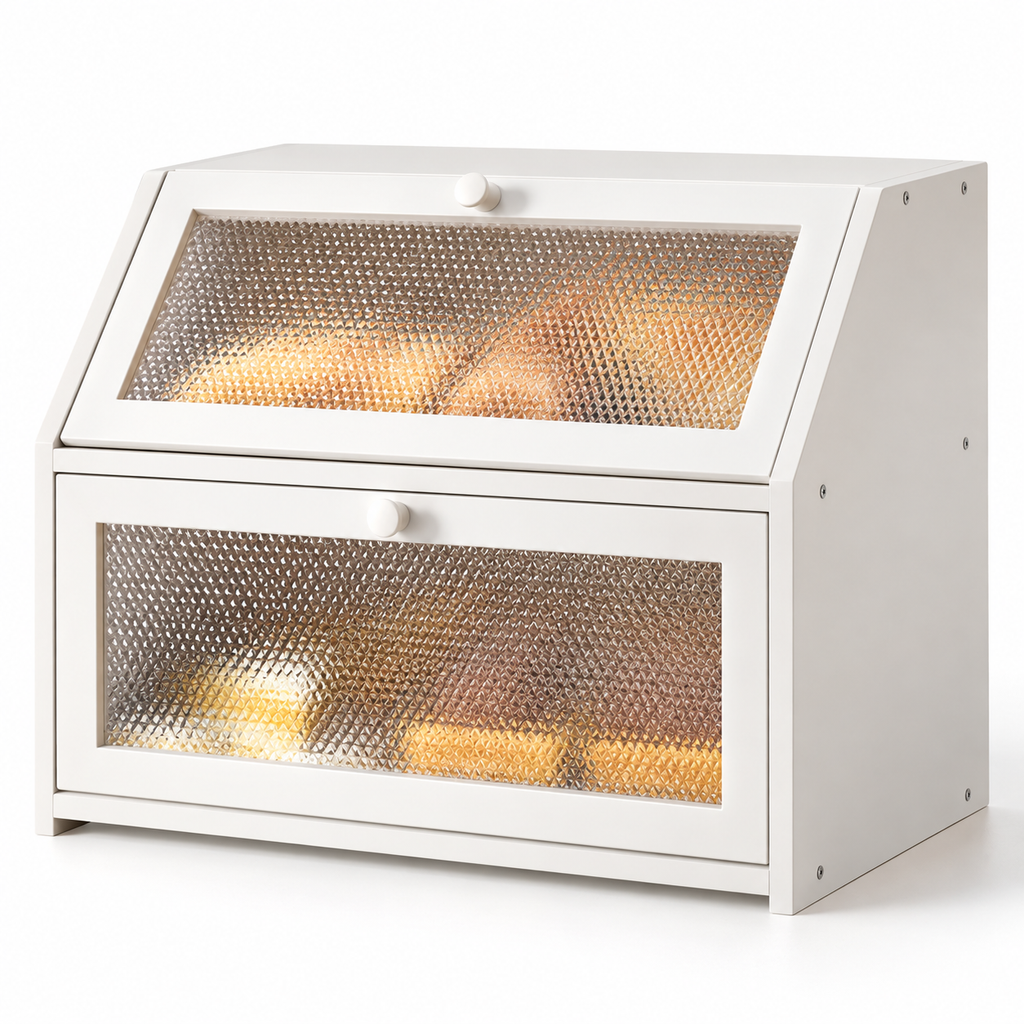 Generated product illustration: double layer bread box white; closed exterior on a white background.