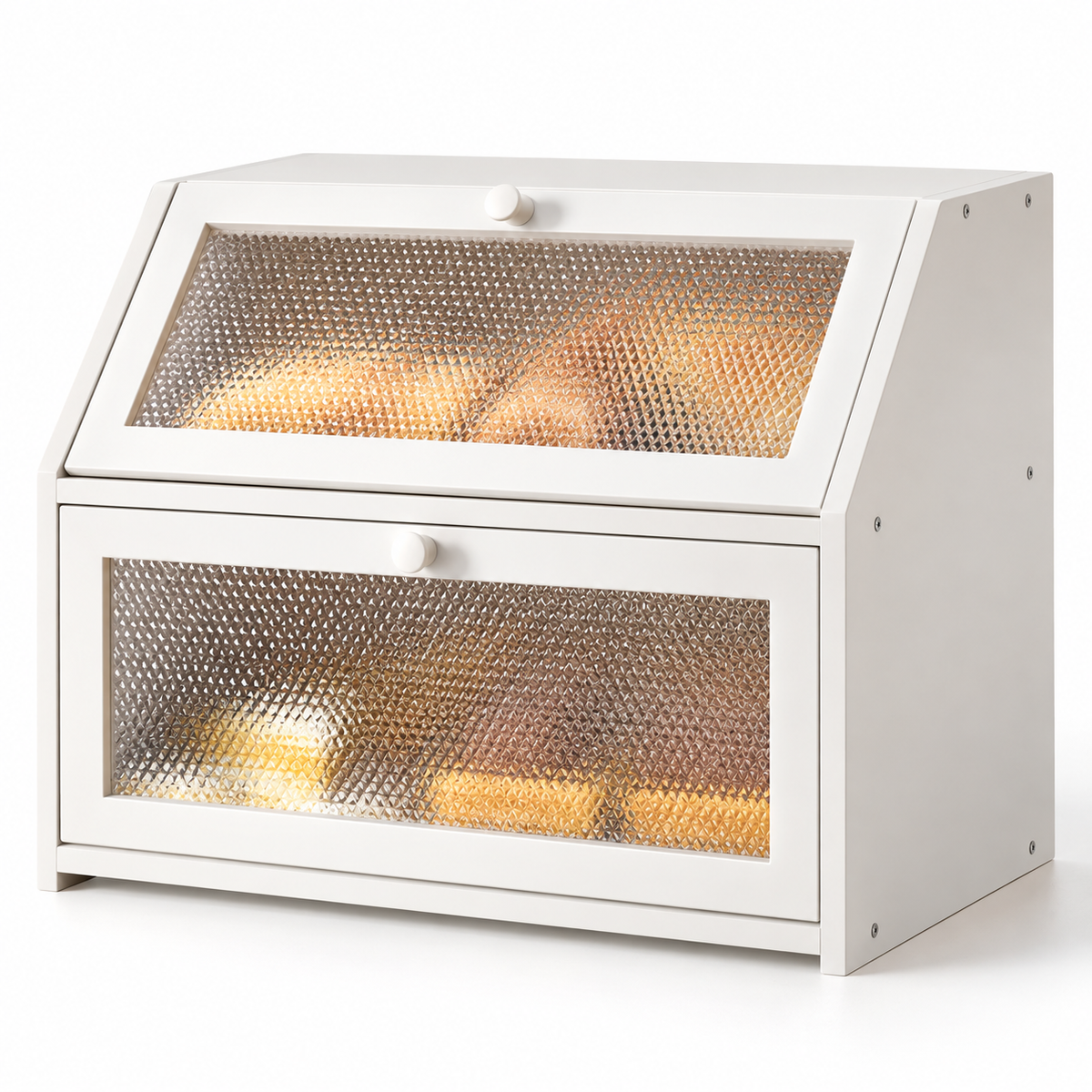 Generated product illustration: double layer bread box white; closed exterior on a white background.